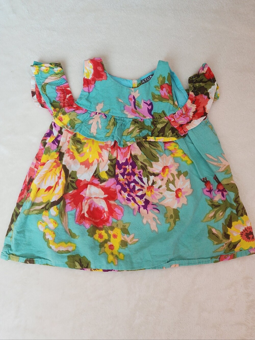 Turqoise Floral Cold Ruffle Shoulder Girls Top 2T 1-2 Y Summer